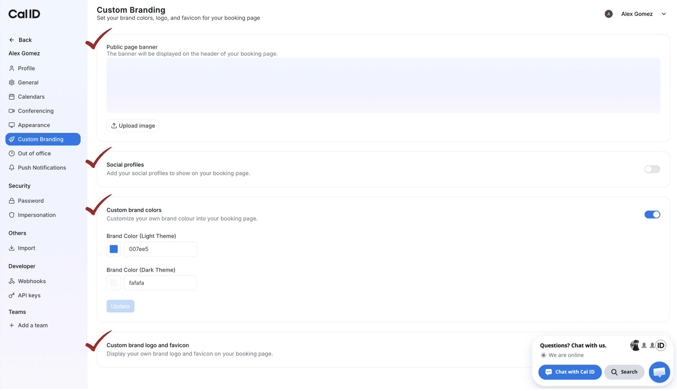 Cal ID custom branding settings for white-label booking page