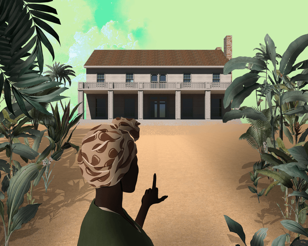 A black woman looking towards a colonial house