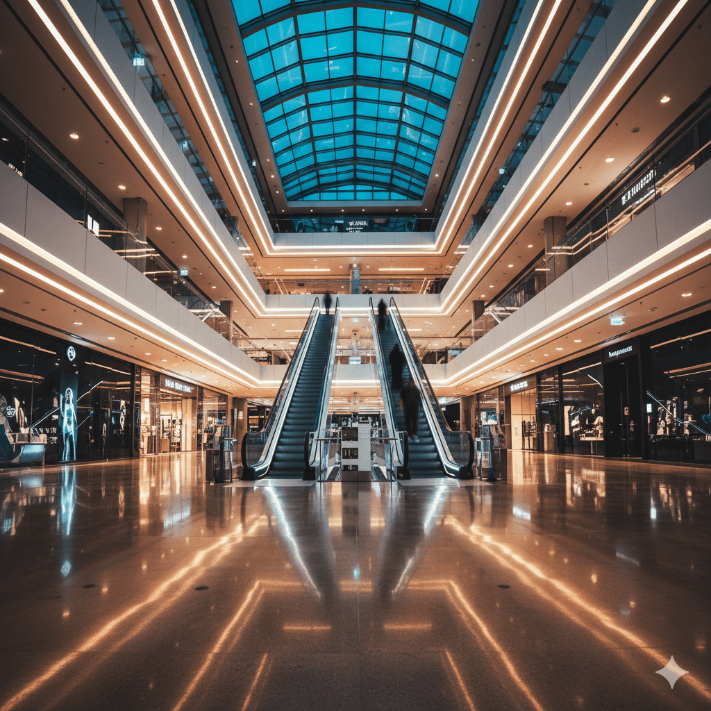 Escalator view in a multi-story mall atrium, representing the vertical growth and modern infrastructure of the Gurugram commercial hub