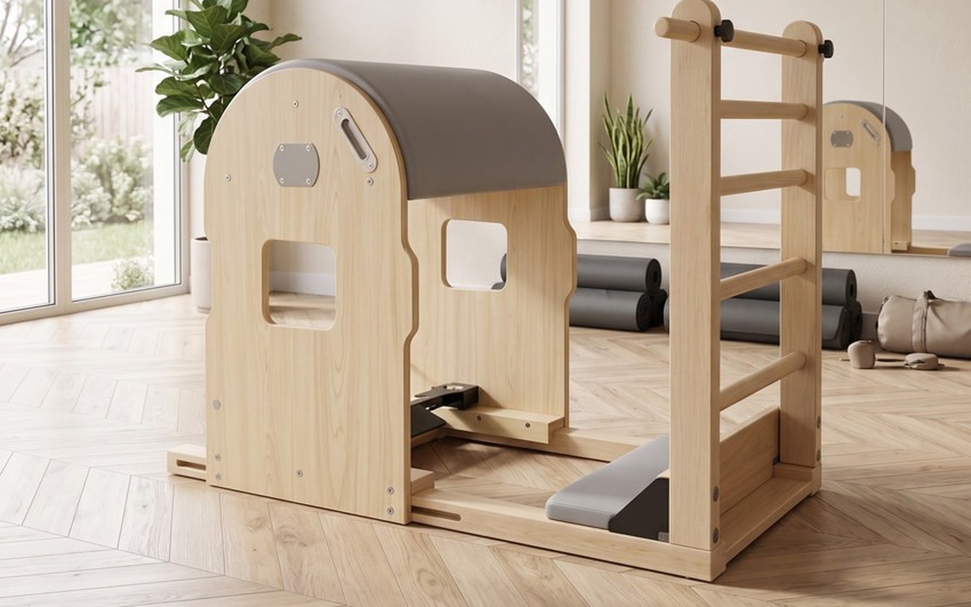 Ladder Barrel Confort Pro — Érable, équipement de mobilité Pilates en érable dans un studio de Pilates professionnel