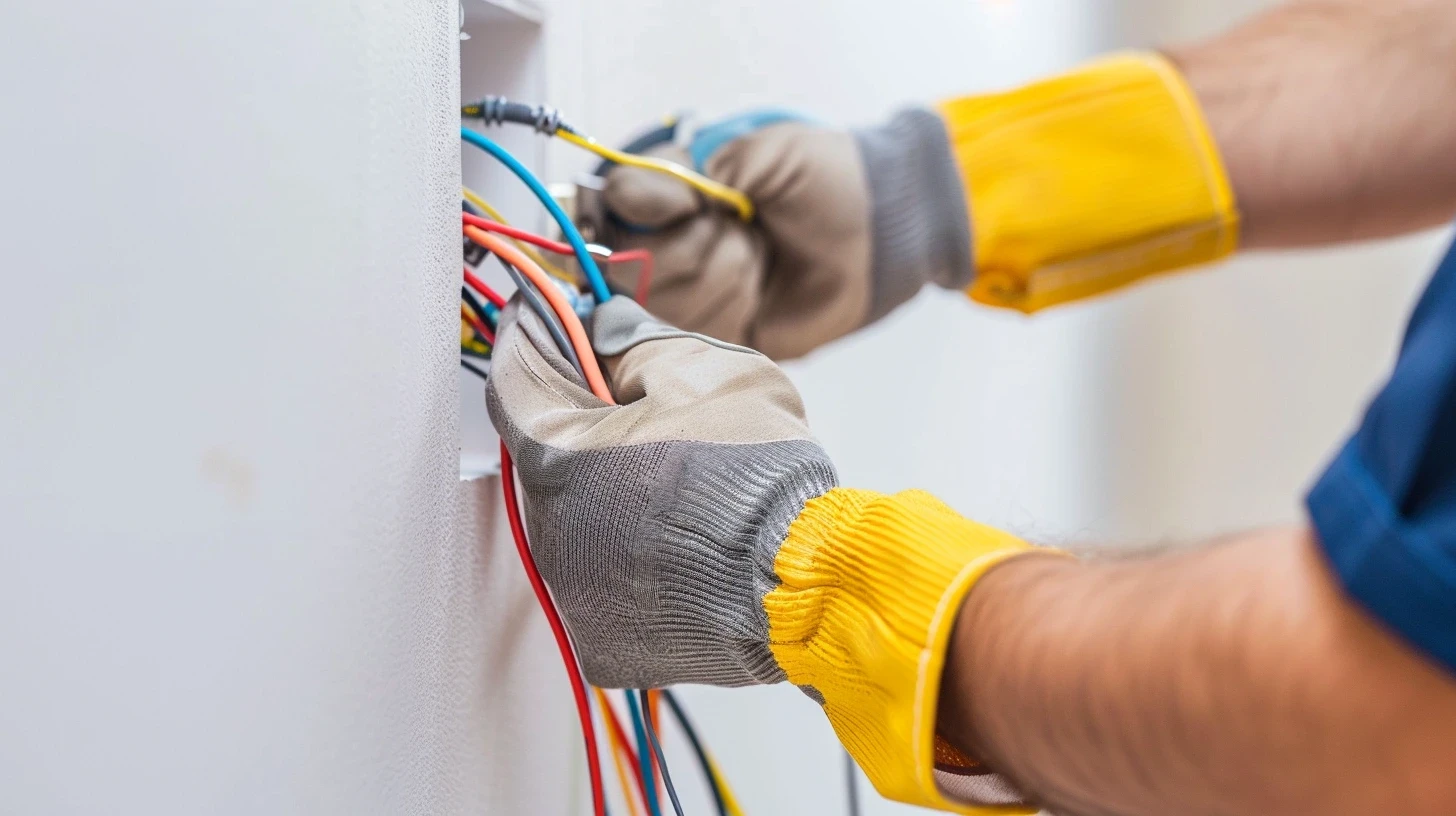 Électricien avec gants jaunes et gris tirant des câbles électriques colorés dans un mur