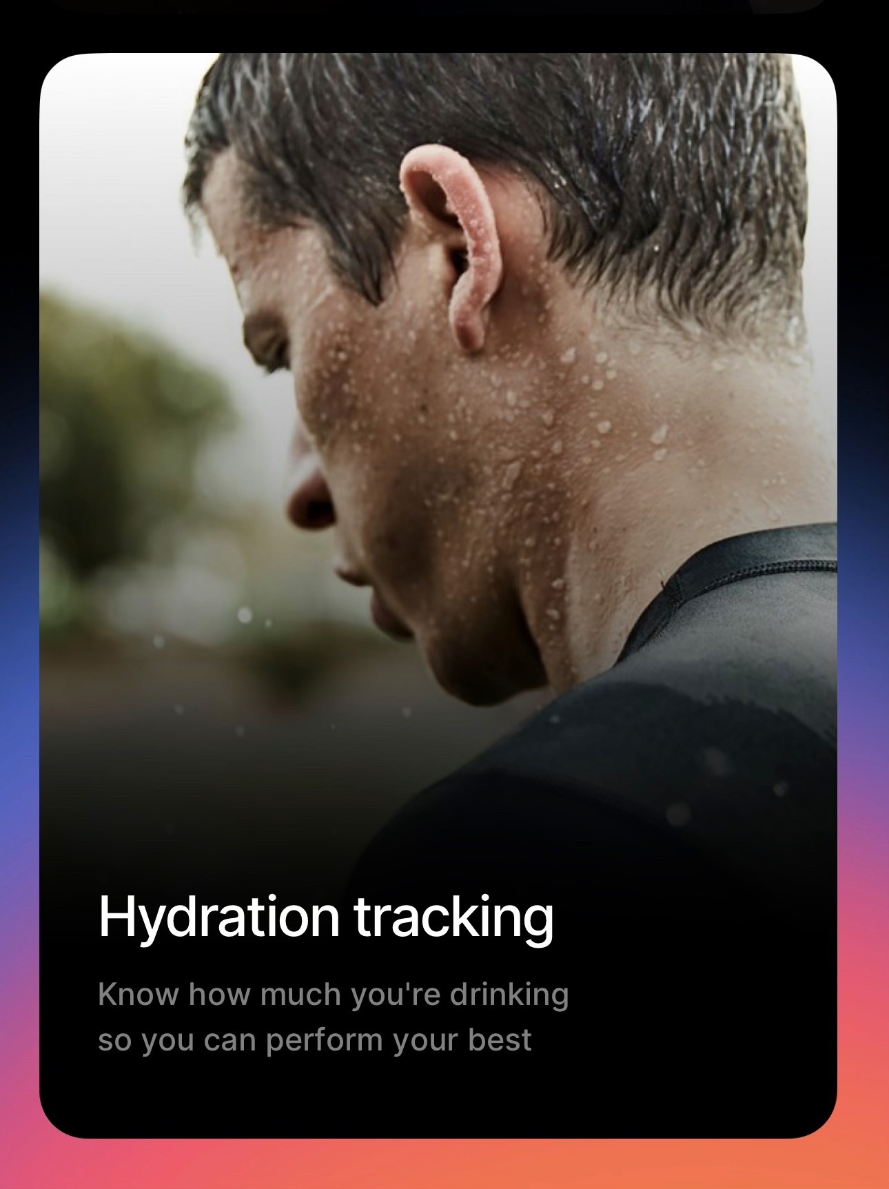 Screenshot of hydration tracking tile featuring sweaty athlete.