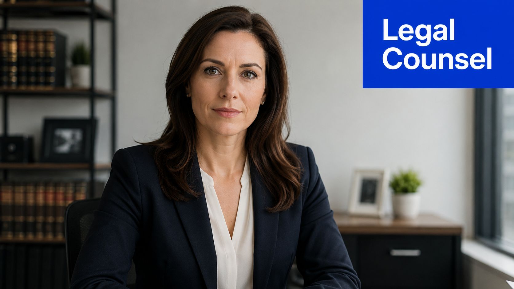 A professional female legal counsel sitting in an office looking confidently at the camera.