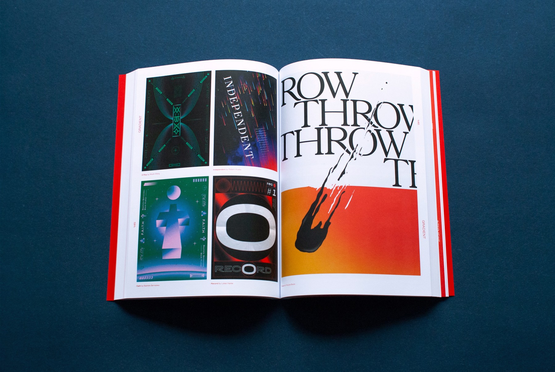 A spread from the book showing poster designs using gradients.