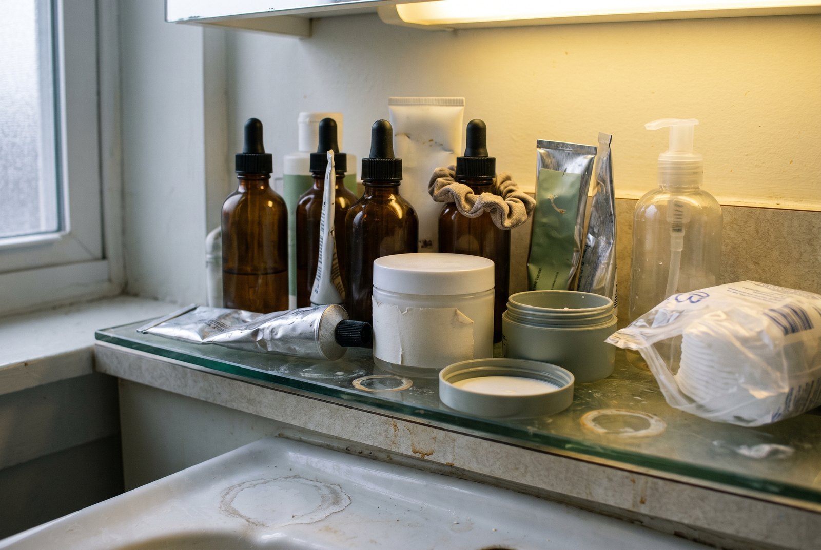 A crowded bathroom shelf and counter packed with years of accumulated skincare bottles, tubes and tubs.