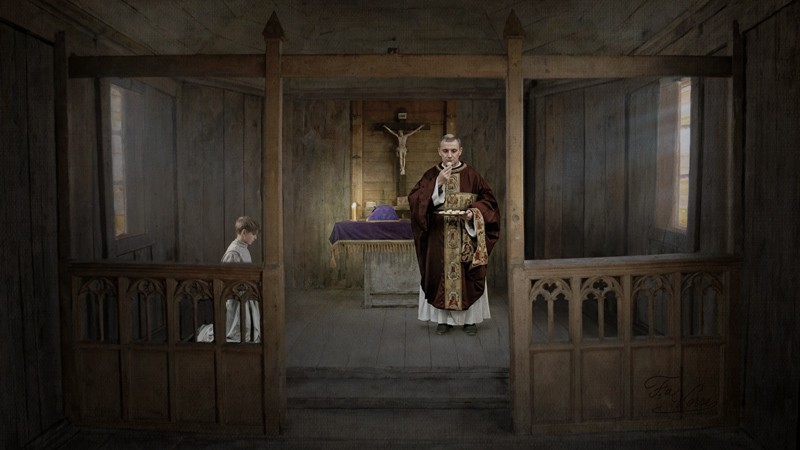 Sacred artwork by Faith and Verse. © Faith and Verse, 2025. All rights reserved. Priest at the altar during the Ecce Agnus Dei, with beeswax candles burning in a late medieval Silesian church.