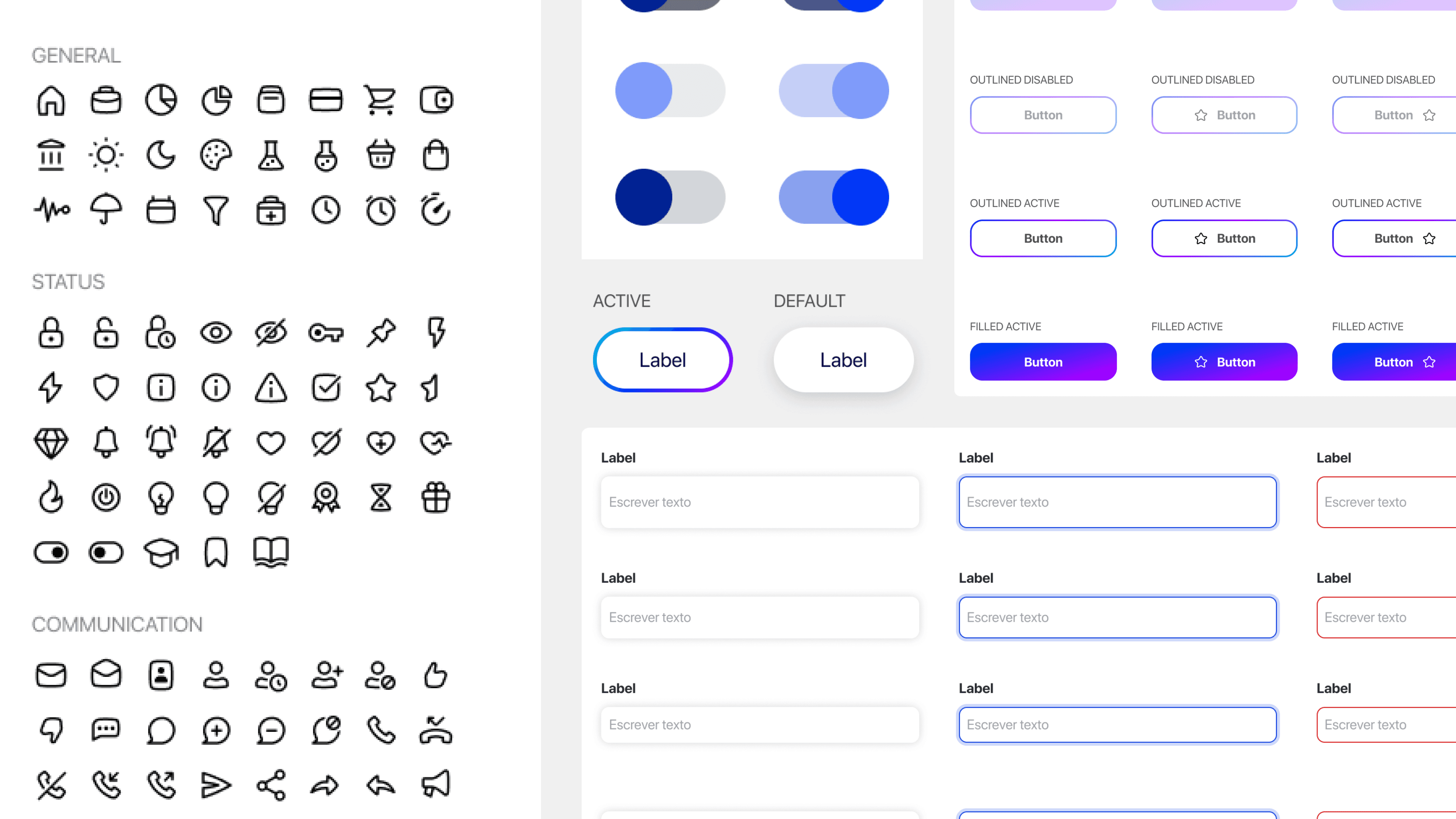 Ícones, toggles, text fields e botões do Design System