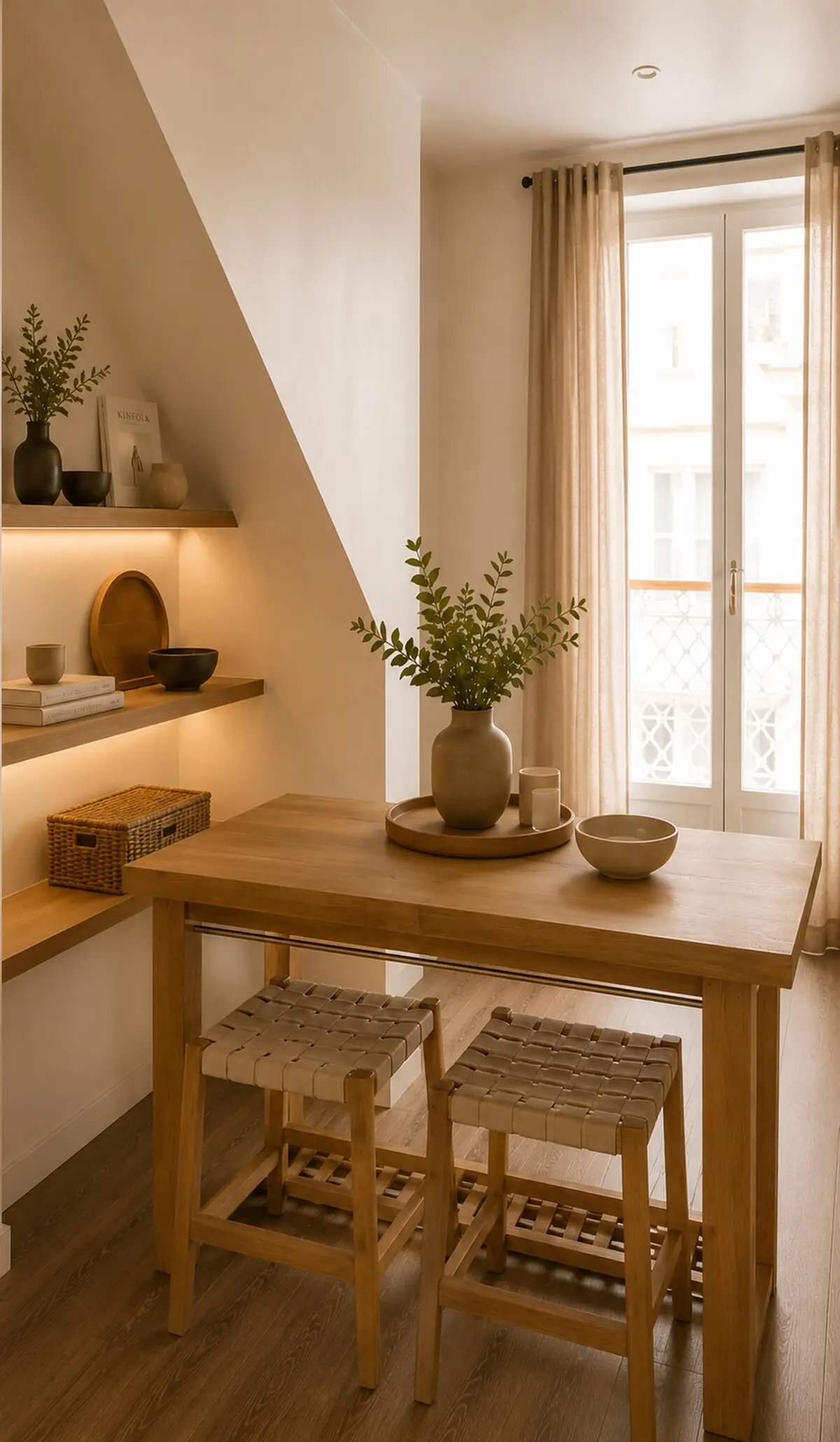 Salon rénové avec étagères bois et décoration, appartement Meaux