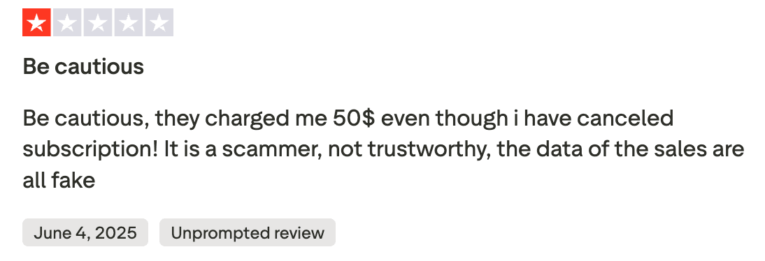 1-star Google review warning of scam charges after cancellation.