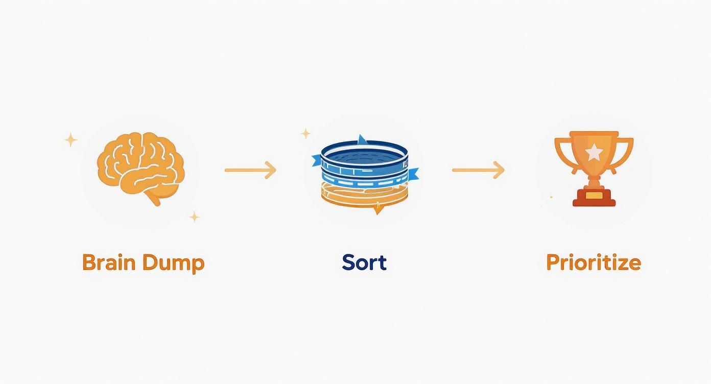 An infographic illustrating a three-step process: Brain Dump with a brain icon, Sort with a filter icon, and Prioritize with a trophy icon, demonstrating how to organize tasks before time blocking.