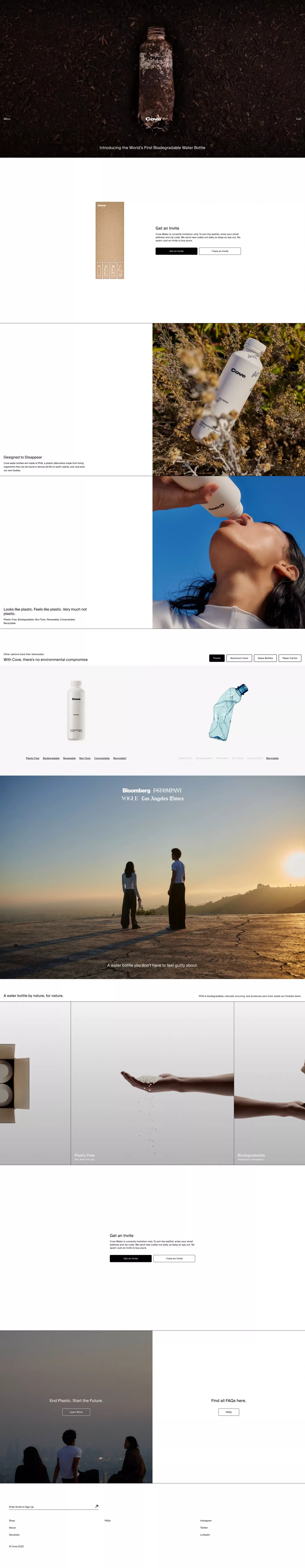 Cove Water landing page screenshot showcasing Food & Drinks and Nature design
