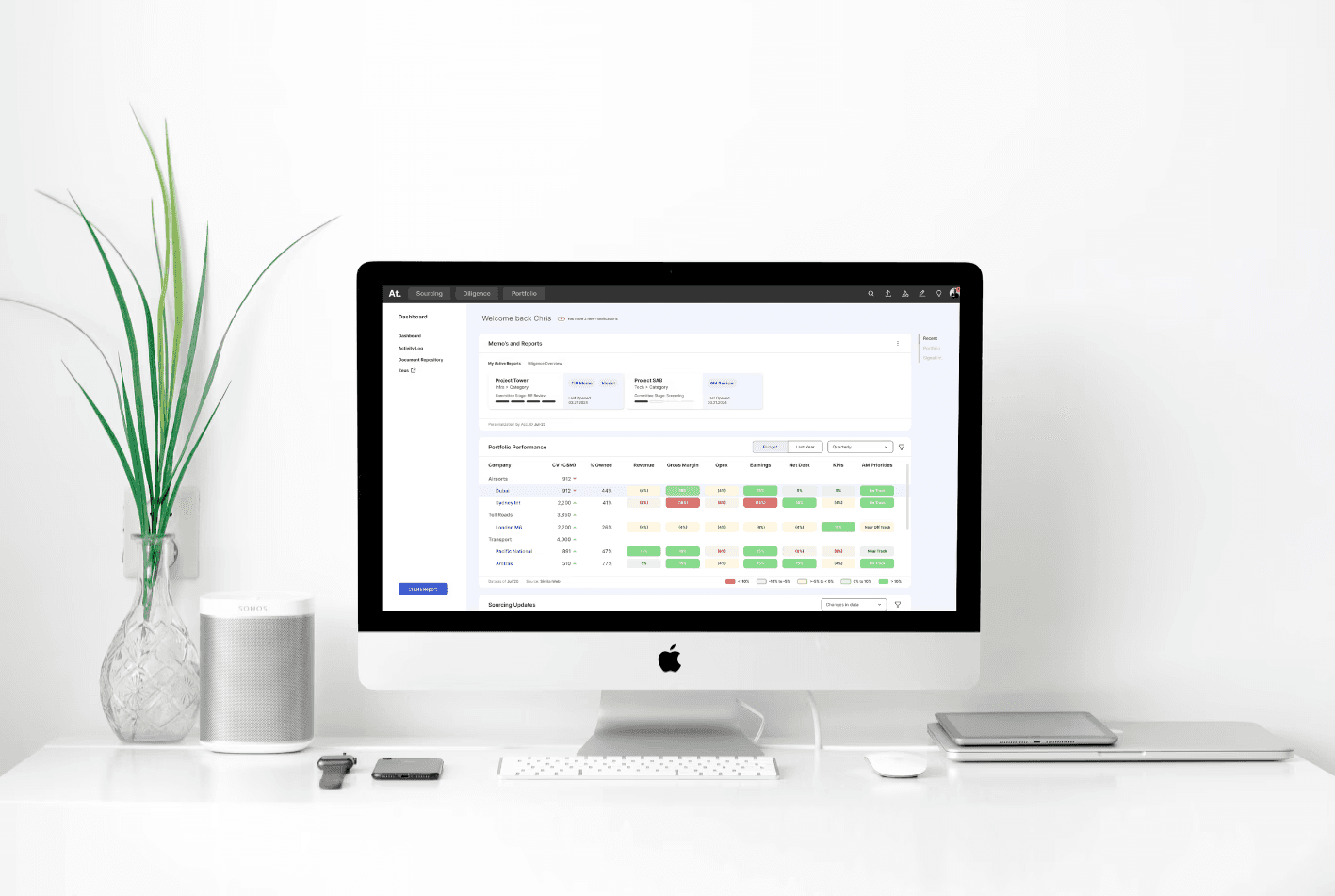 Desktop computer displaying Amazon's AI-powered pricing tool interface on a minimalist desk with a small plant and coffee mug