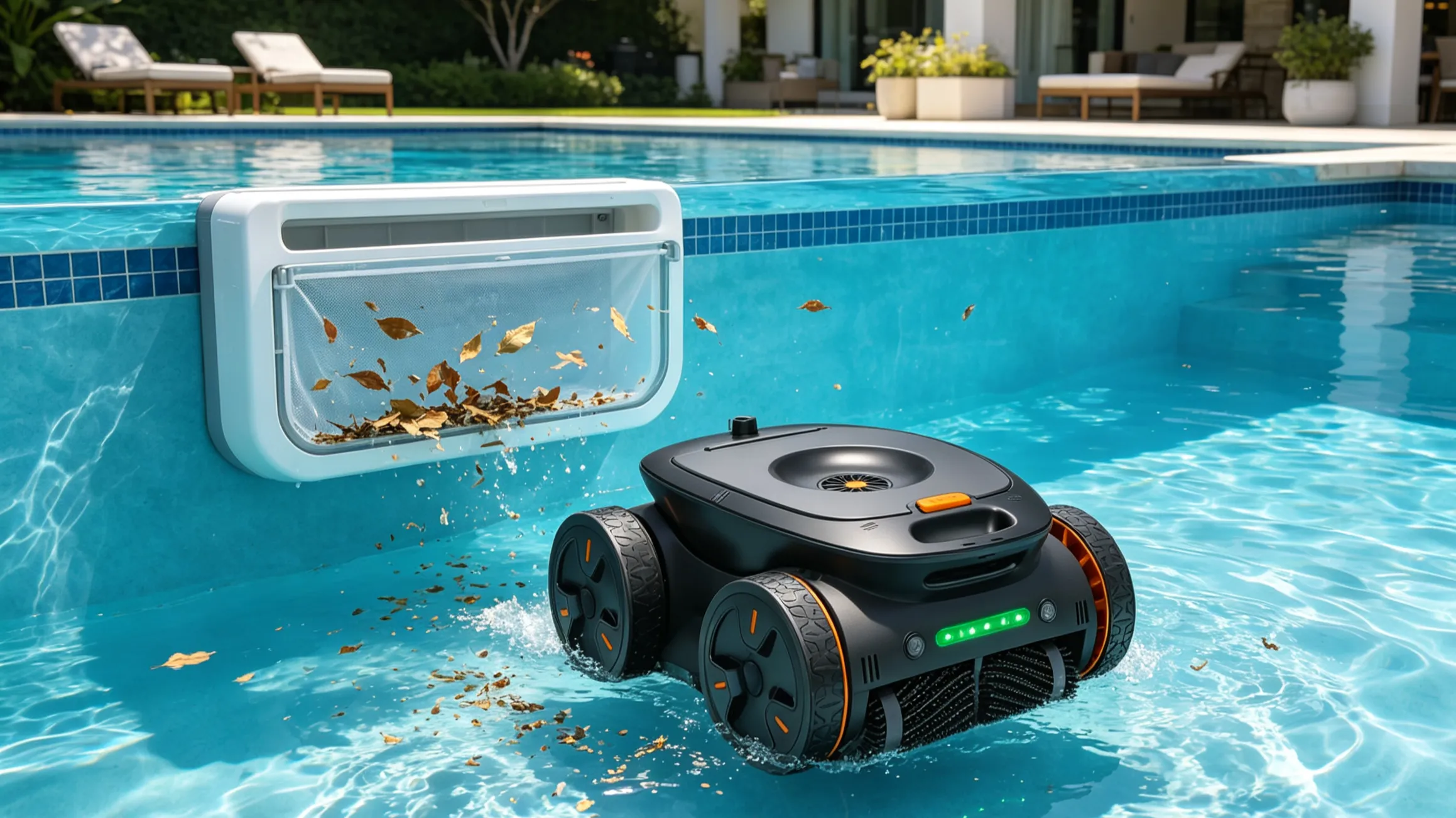 Robotic pool cleaner collecting debris from the pool floor while the skimmer handles surface debris
