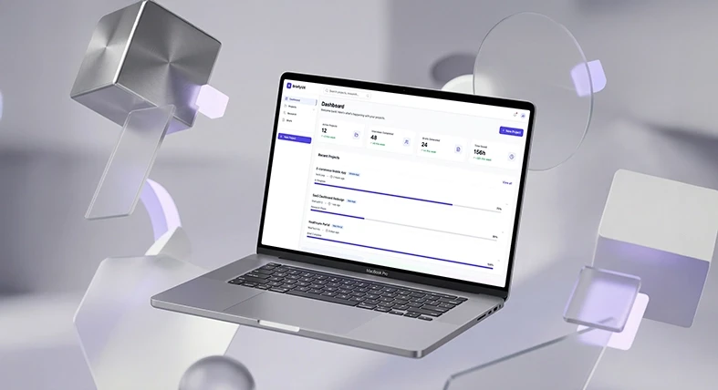 מוקאפ תלת-ממדי (3D) ריאליסטי של MacBook Pro המציג את עיצוב ממשק המשתמש (UI) של דשבורד BrieflyUX. המסך מציג כלי ניהול למחקר חווית משתמש (UX Research) עם נתונים על פרויקטים פעילים, ראיונות וחיסכון בזמן. המחשב מרחף בחלל אבסטרקטי נקי עם אלמנטים גיאומטריים ממתכת וזכוכית בגווני סגול ולבן, המדגישים אסתטיקת SaaS יוקרתית.