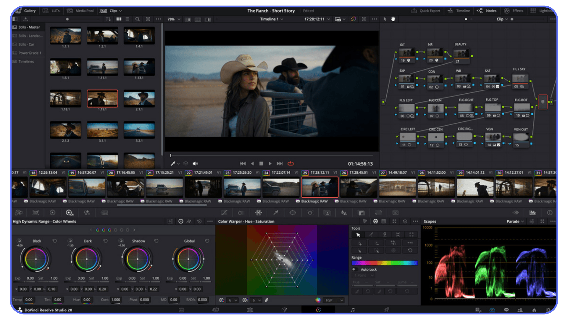 DaVinci Resolve interface showing a color grading workflow with a cowboy scene preview, node graph, scopes, color wheels, and timeline clips.