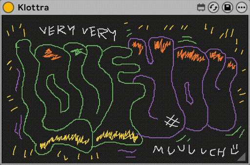 Klottra Max for Live device showing a colorful ‘LOVE YOU’ doodle on a dark canvas, demonstrating audio-reactive animation.