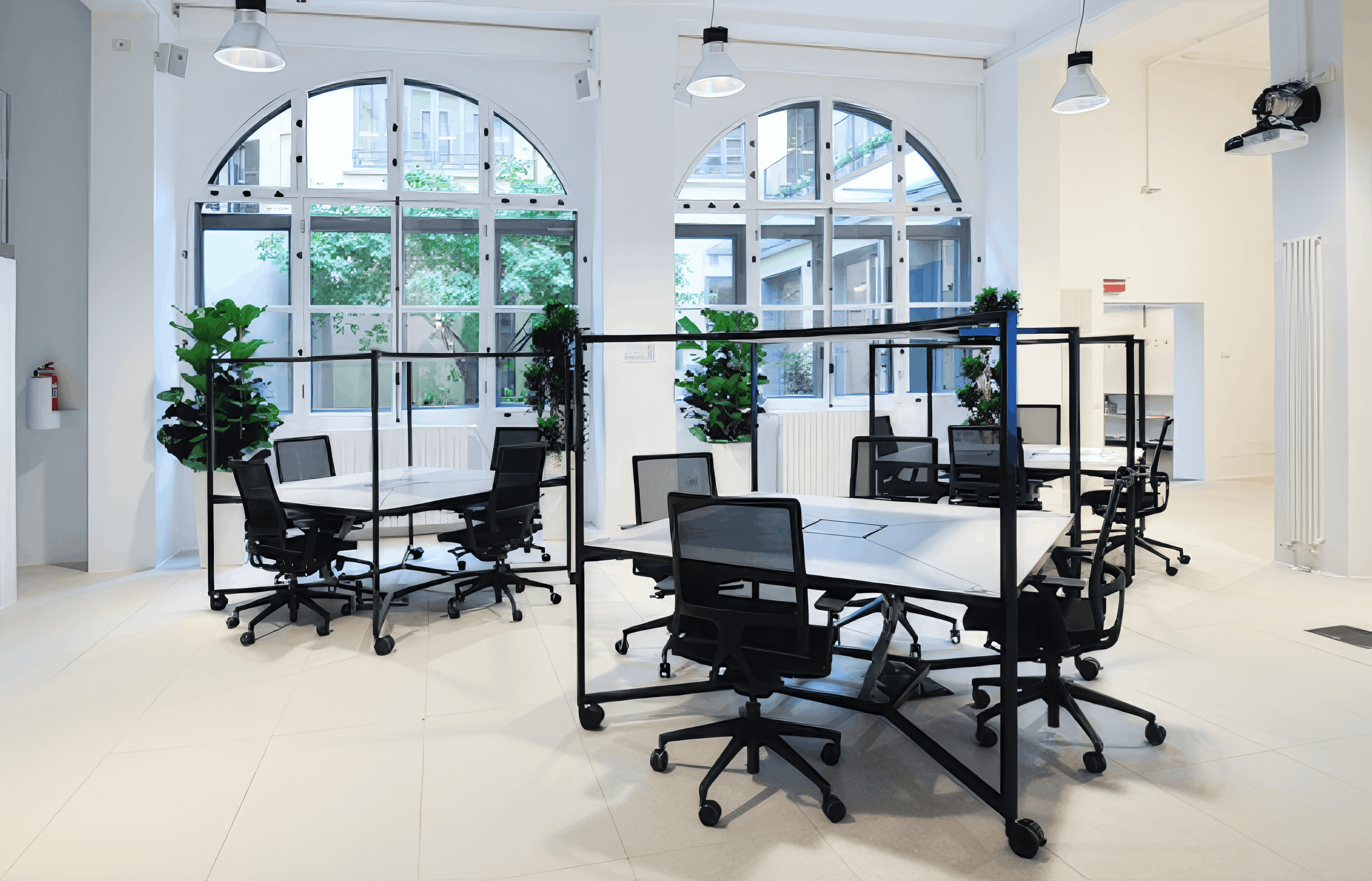 MW Interior  - Helles Loft-Büro mit mobilen schwarzen Tischrahmen, weißen Arbeitsflächen, schwarzen Netzstühlen und großen Bogenfenstern" Beschreibung: Lichtdurchfluteter Open-Space in einem historischen Loftgebäude mit frei positionierbaren Arbeitsinseln im schwarzen Stahlrahmen-Design, üppiger Begrünung und industriellen Hängeleuchten – modern, flexibel und atmosphärisch zugleich.