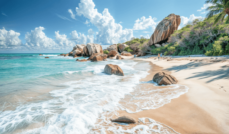 Waves gently washing onto a sandy beach with large rocks and lush greenery.