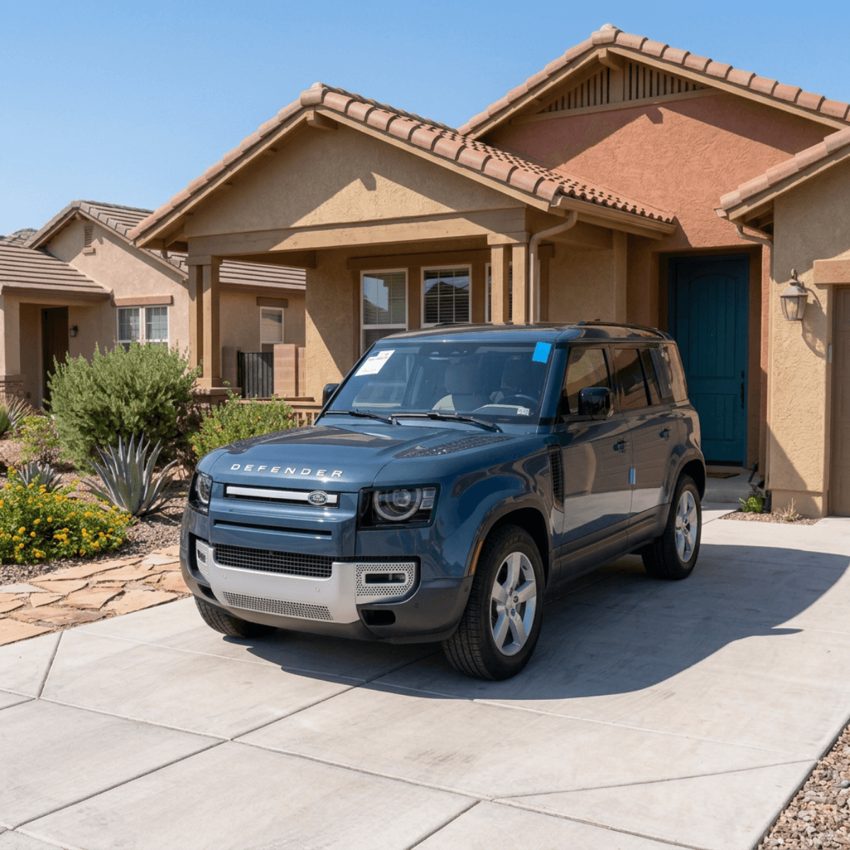 Blue Land Rover Defender parked at a Coolidge home after a convenient mobile auto glass appointment