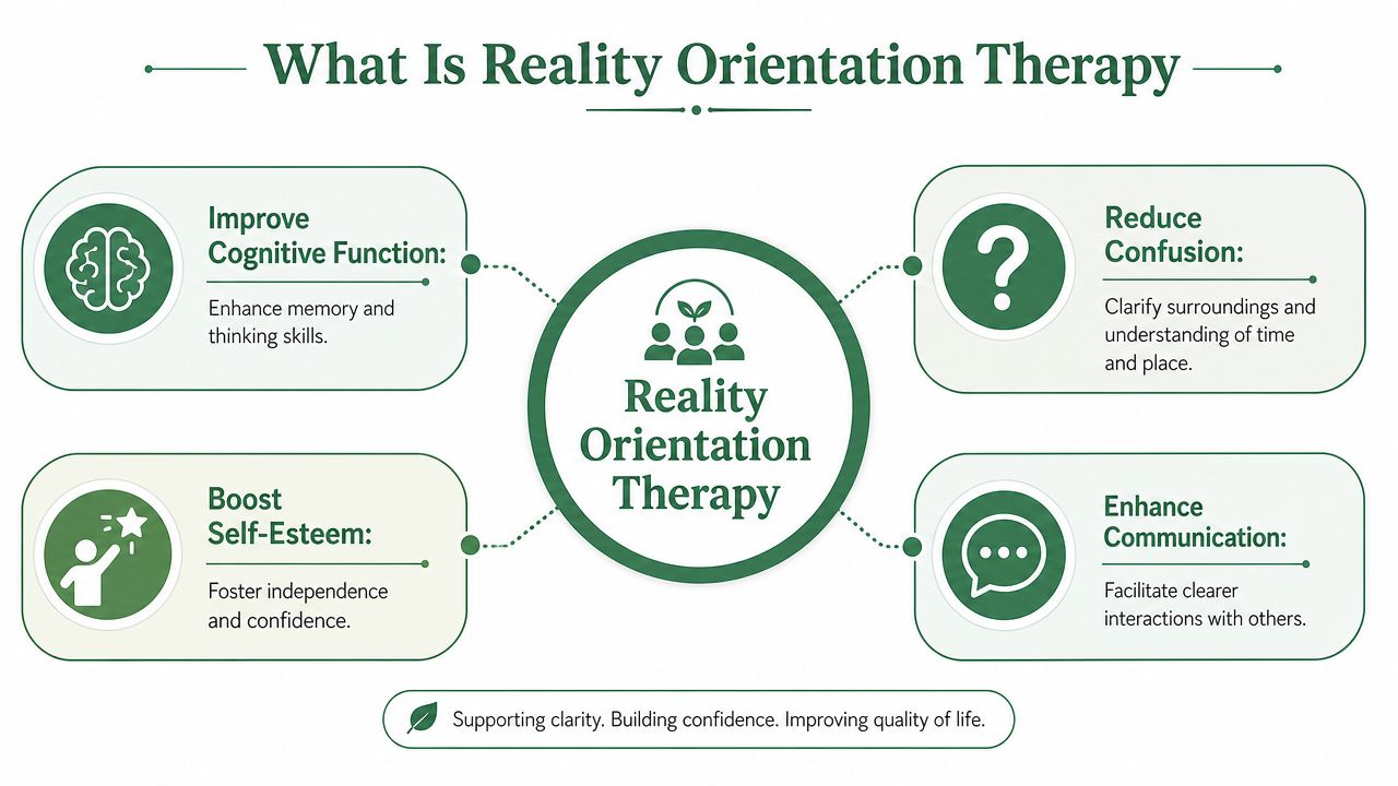 A diagram illustrating the benefits of reality orientation therapy, including cognitive function, reduced confusion, and boosted self-esteem.
