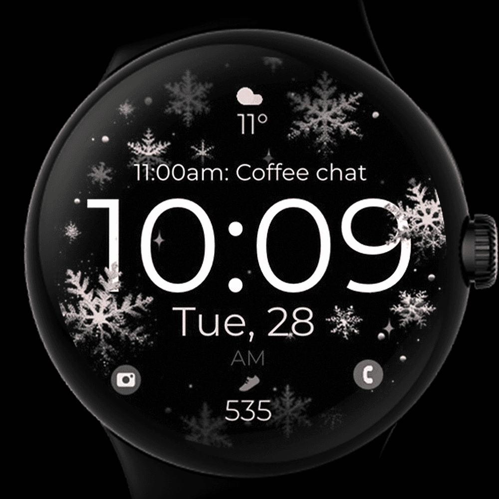 Pixel Watch displaying a snowflake digital watch face