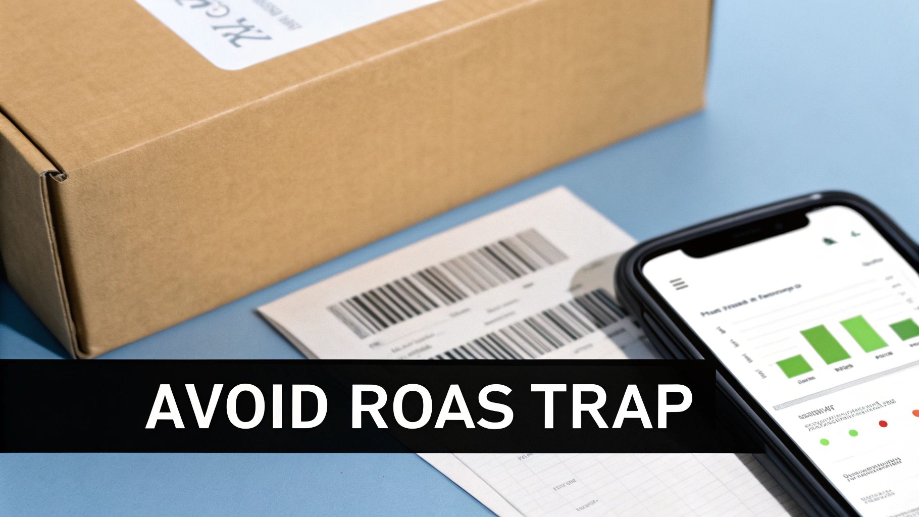 Close-up of a package, barcode label, and phone displaying business analytics graphs, with 'AVOID ROAS TRAP' overlay.