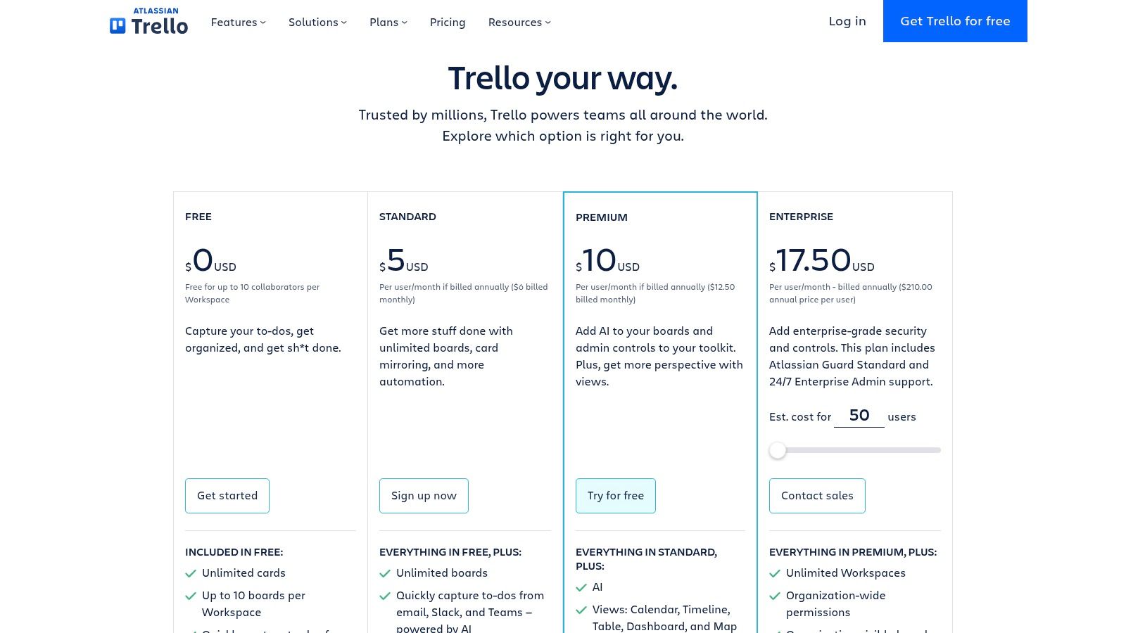 Trello pricing plans