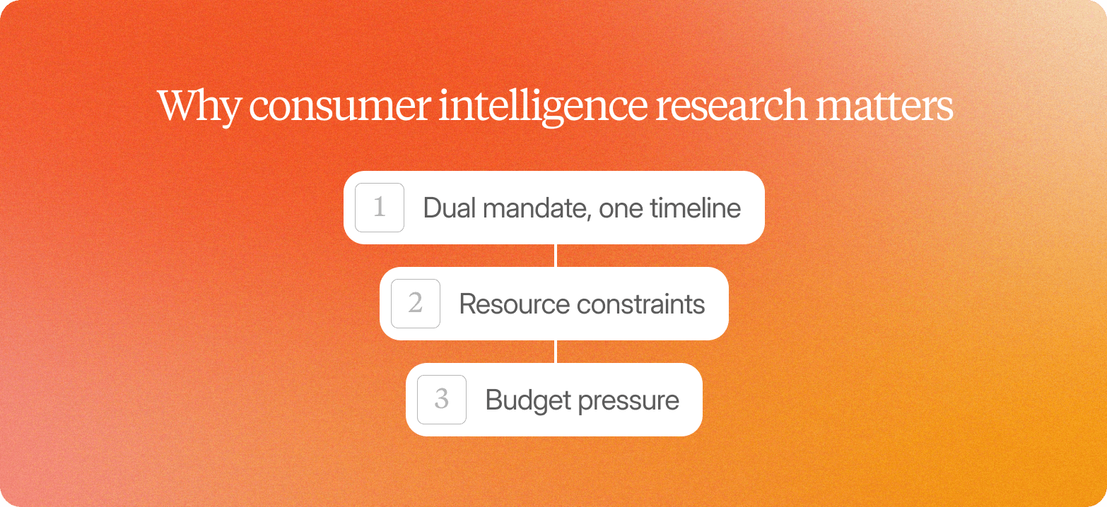 Infographic titled "Why consumer intelligence research matters" listing three challenges: dual mandate one timeline, resource constraints, and budget pressure