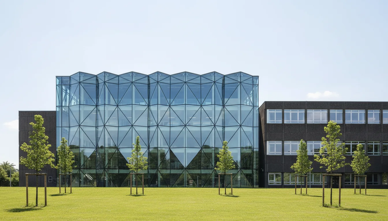 DSLR photograph, wide-angle shot of a modern university engineering building, featuring a striking, multi-story glass facade with angular, geometric planes reflecting the sky. Behind the glass structure is a connected brutalist-style building with dark concrete and long rows of windows. In the foreground, a manicured green lawn slopes gently upwards, with a row of young topiary trees supported by wooden stakes. The scene is illuminated by bright, natural daylight under a clear, pale blue sky. The entire image has a sharp focus, capturing the texture of the reflective glass, green leaves, and grass.