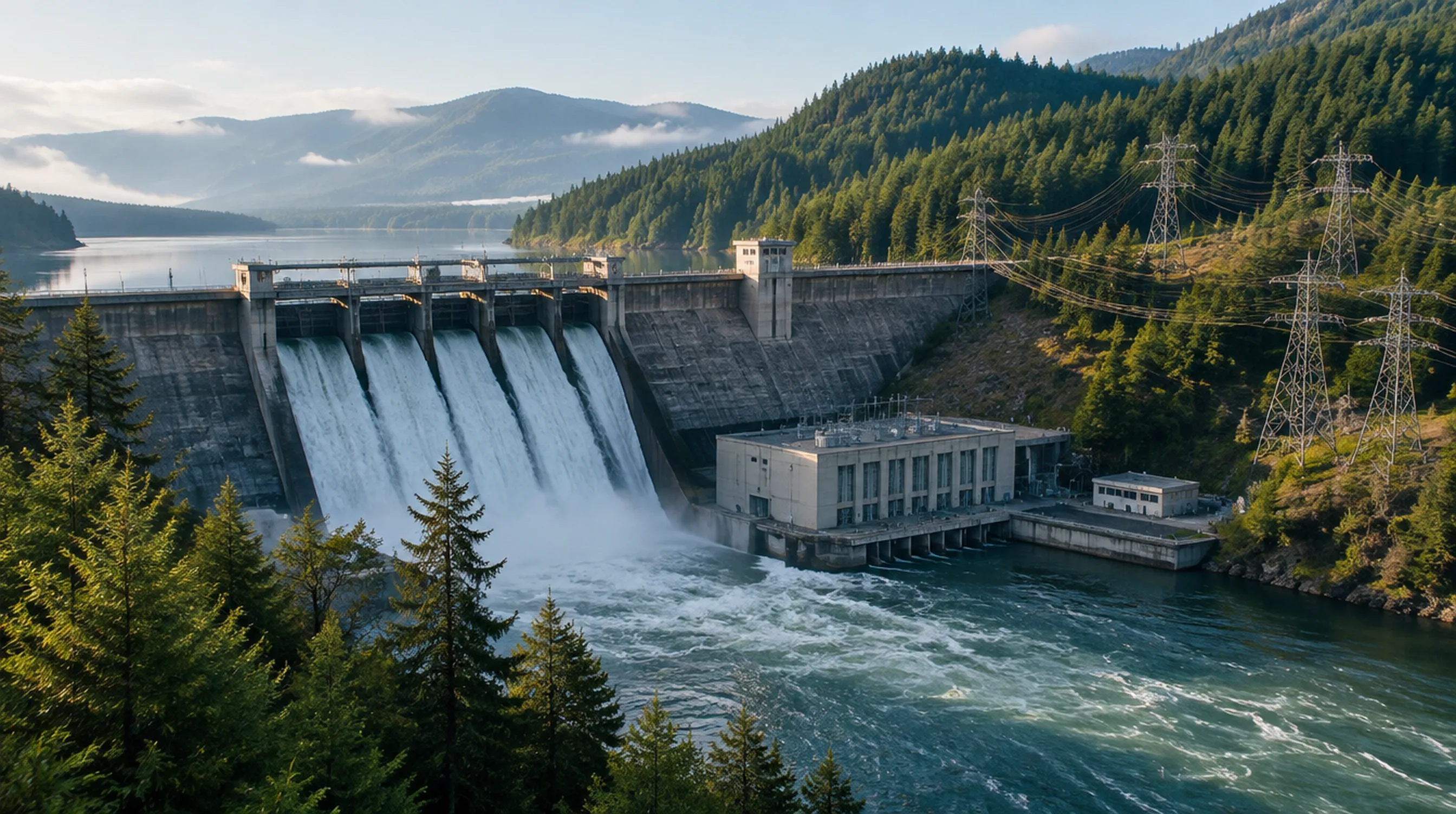 Hydroelectric dam releasing water into a forested river valley with transmission lines