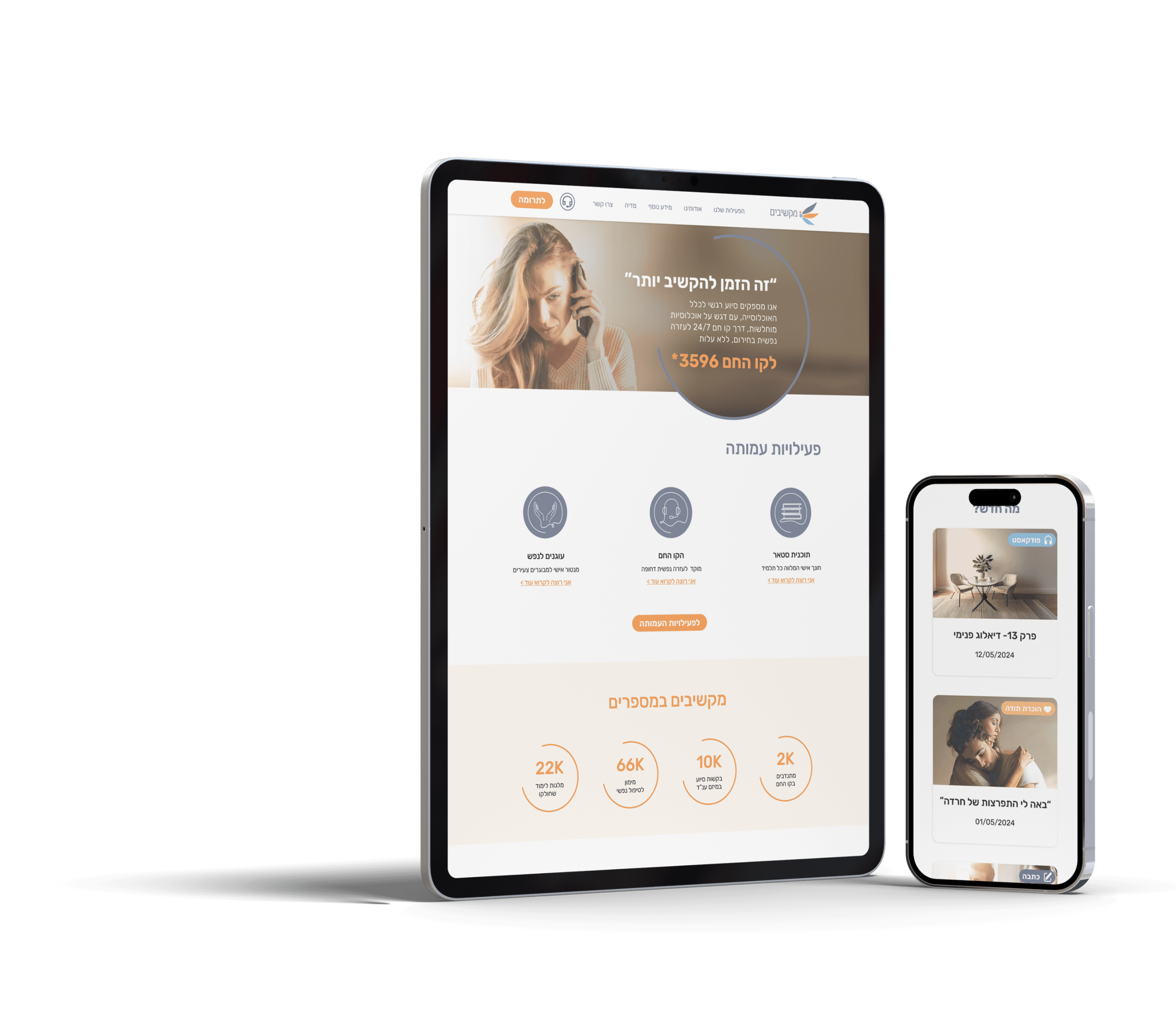 Tablet and mobile mockup showing the responsive homepage of the Makshivim nonprofit website