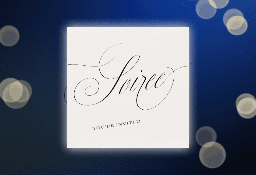 Elegant engagement invitation featuring cursive script and glowing bokeh on a dark blue backdrop.