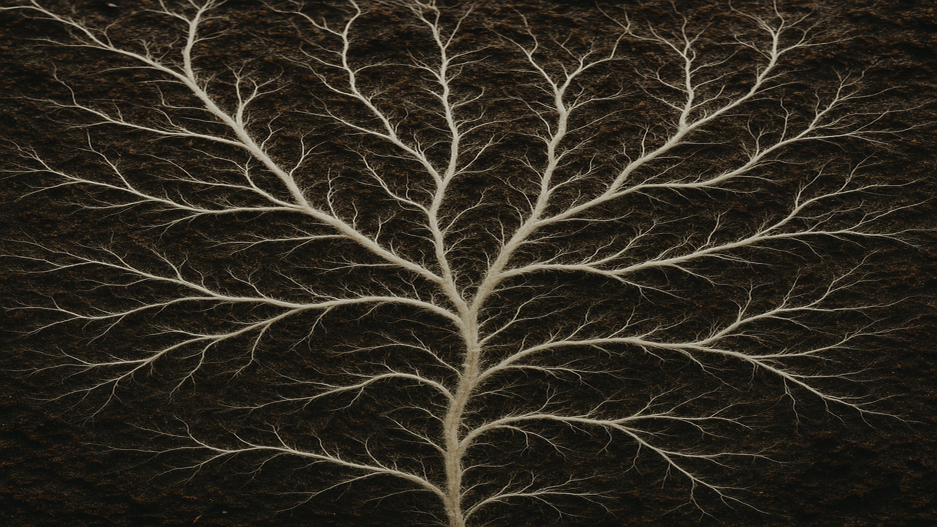 A close-up image of a dense mycelial network, showing delicate white fungal threads spreading across a dark, rich soil background. The fine, root-like structures weave together in intricate, organic patterns, creating a sense of natural connection and subtle movement. The overall tone is earthy and grounded, with soft shadows and natural lighting emphasizing the texture and depth of the underground web. The image evokes themes of growth, resilience, and interconnected community.