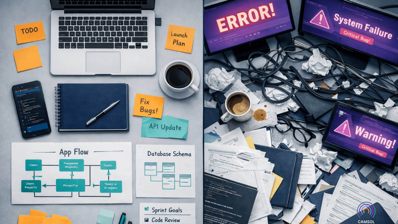  Two developer workspaces side by side: organized desk with teal diagrams and orange notes on the left, chaotic desk with error screens on the right.