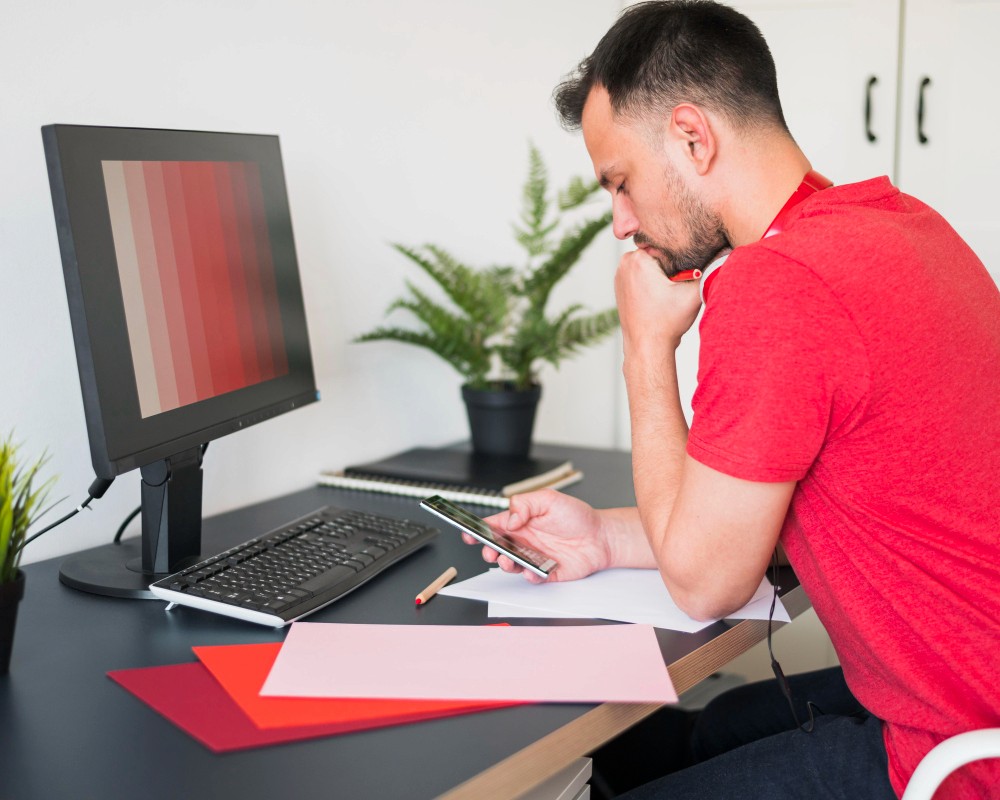 Man fixing graphic design mistakes at desk