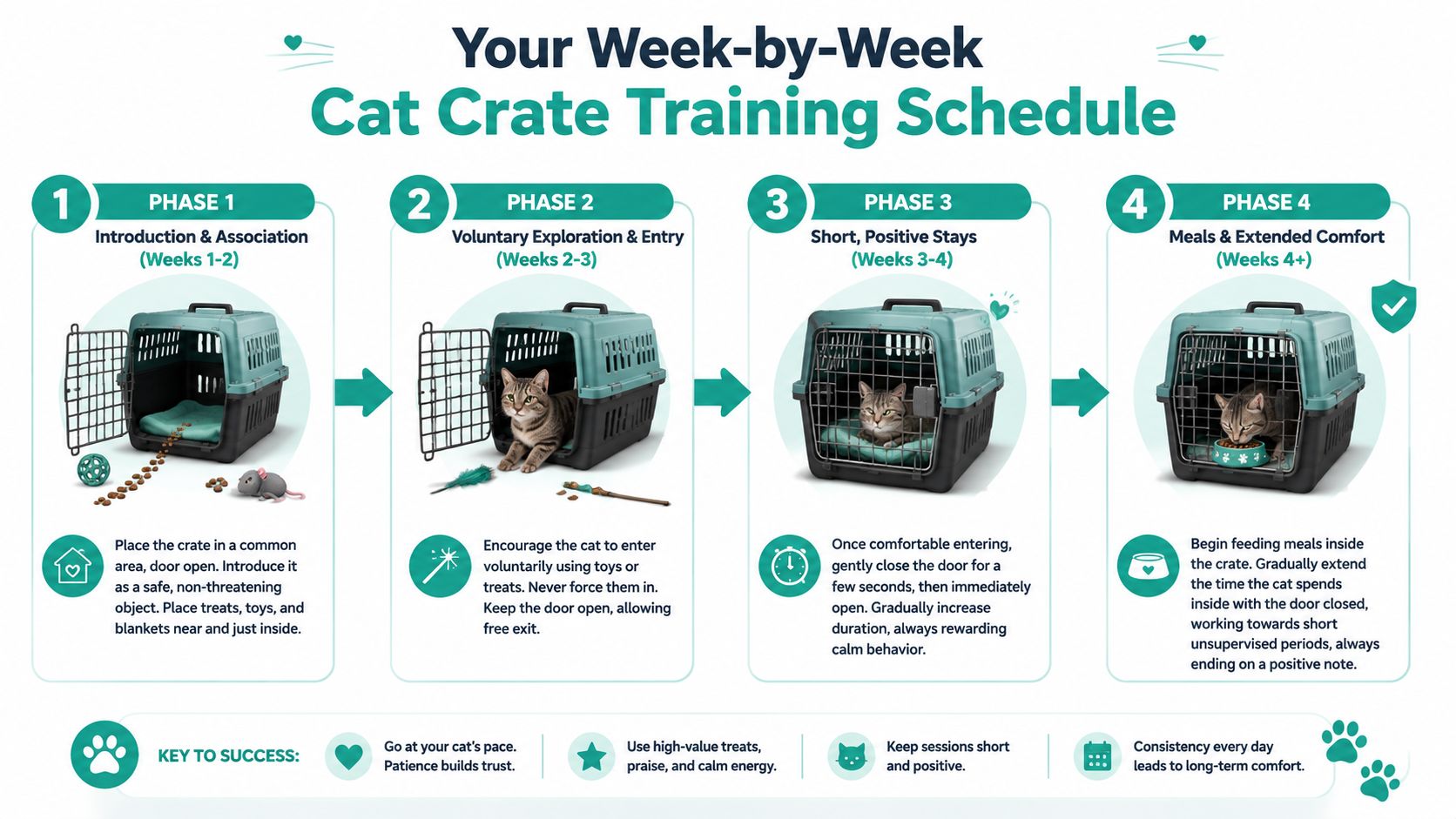 A four-phase weekly schedule infographic detailing how to safely and effectively train a cat for crate usage.