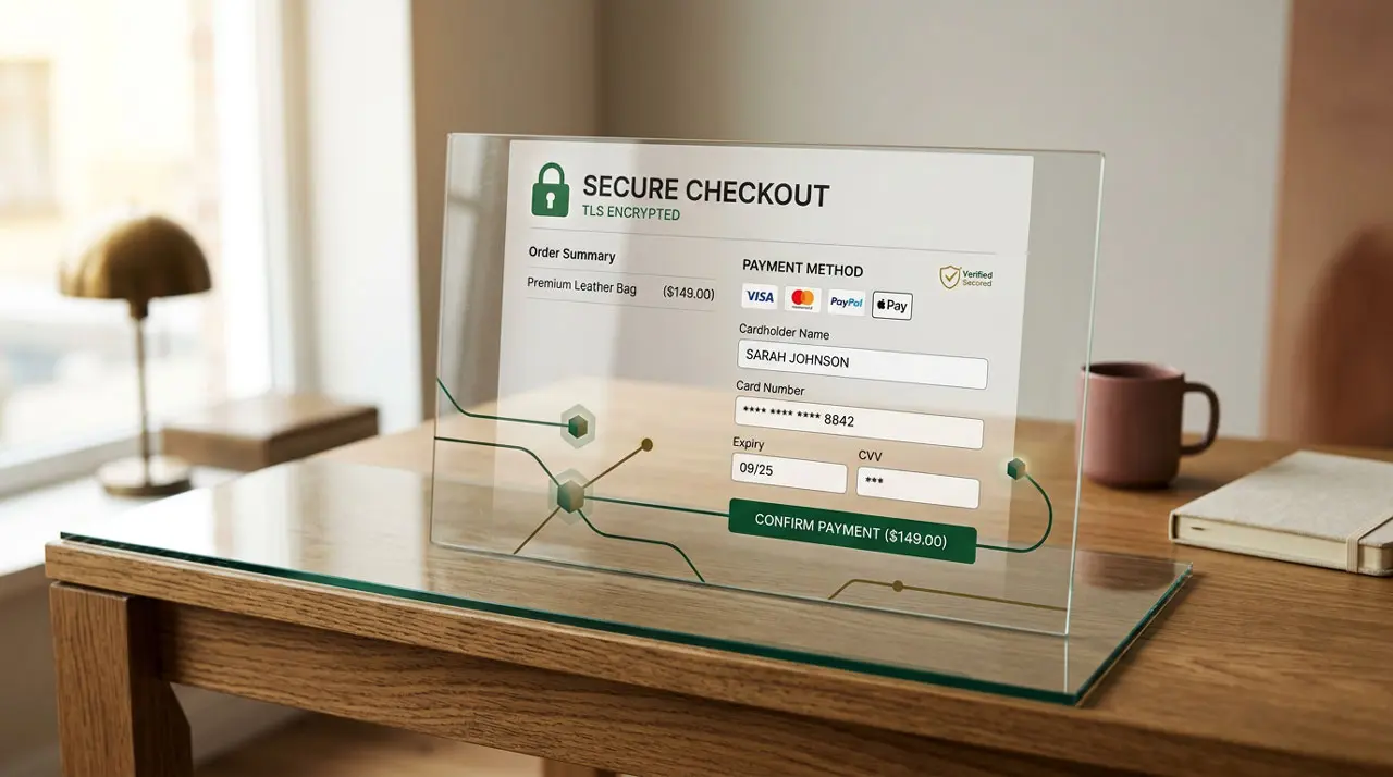 Interfaz de pago con elementos de seguridad visibles que transmiten confianza al usuario.