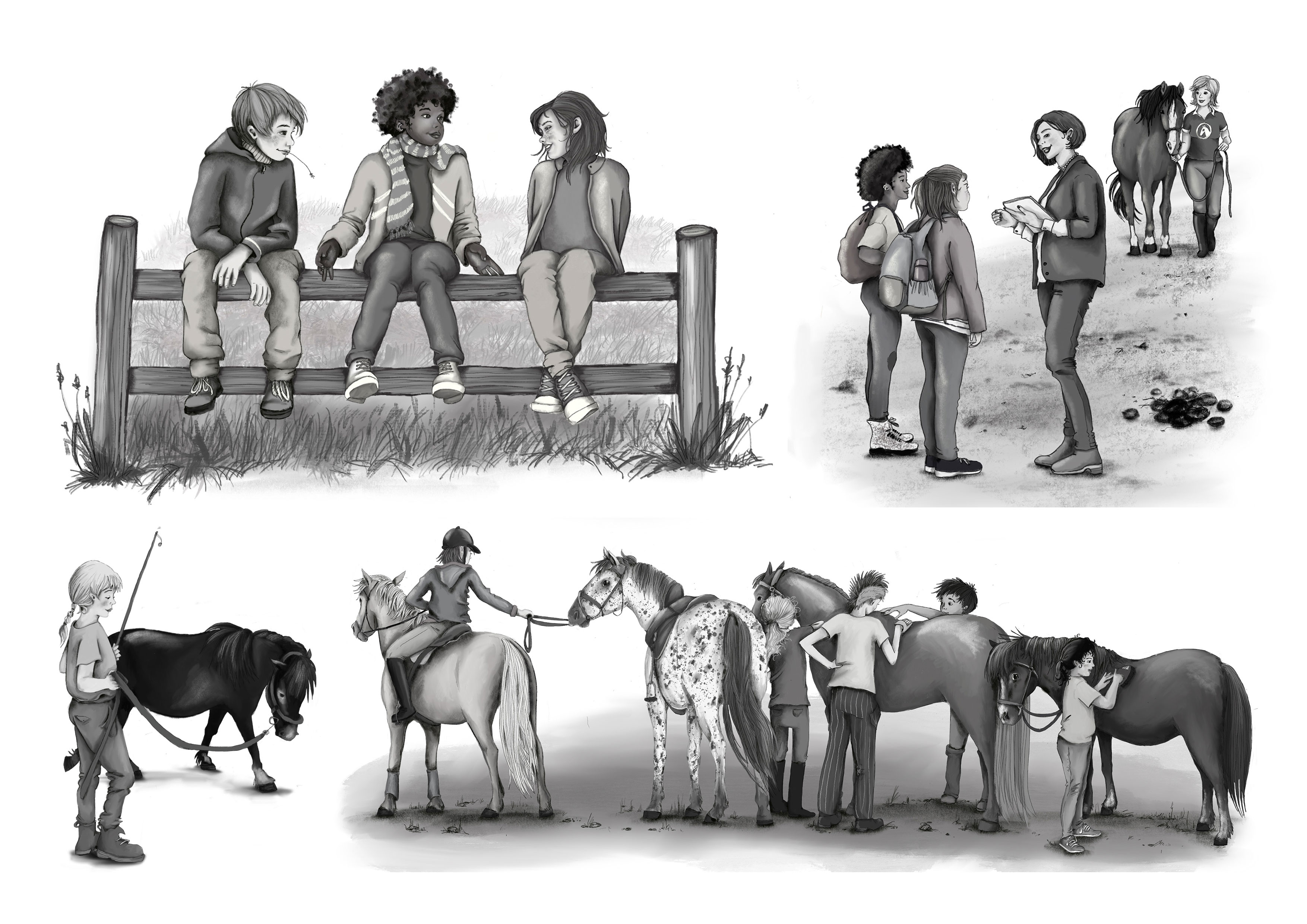 Kinder mit Pferden in schwarz weiß