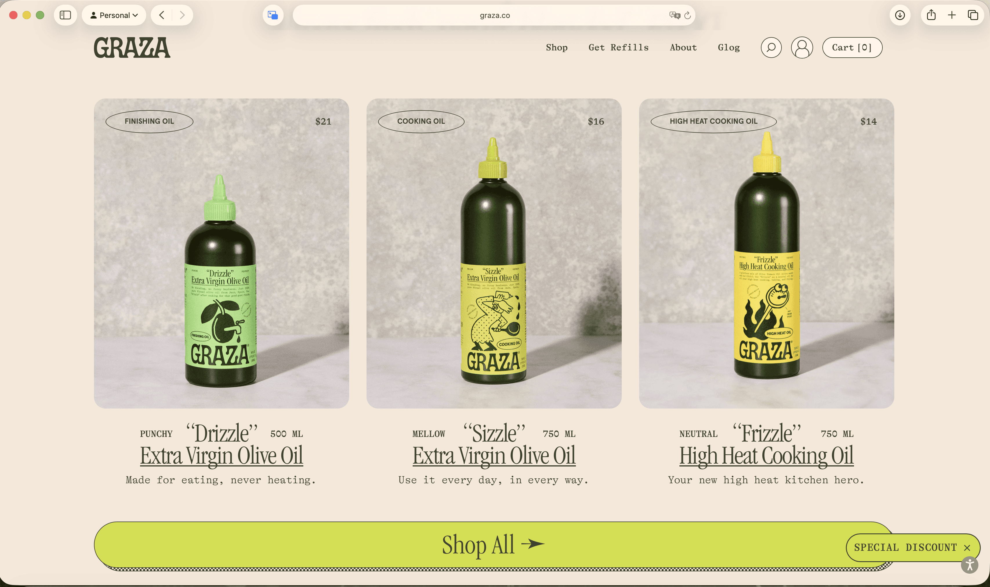 Three Graza olive oil bottles displayed on a product selection page with pricing and labels for finishing, cooking, and high heat oil.
