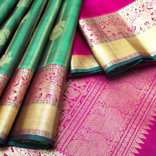 Parrot Green and Pink Kanchivaram Silk Saree