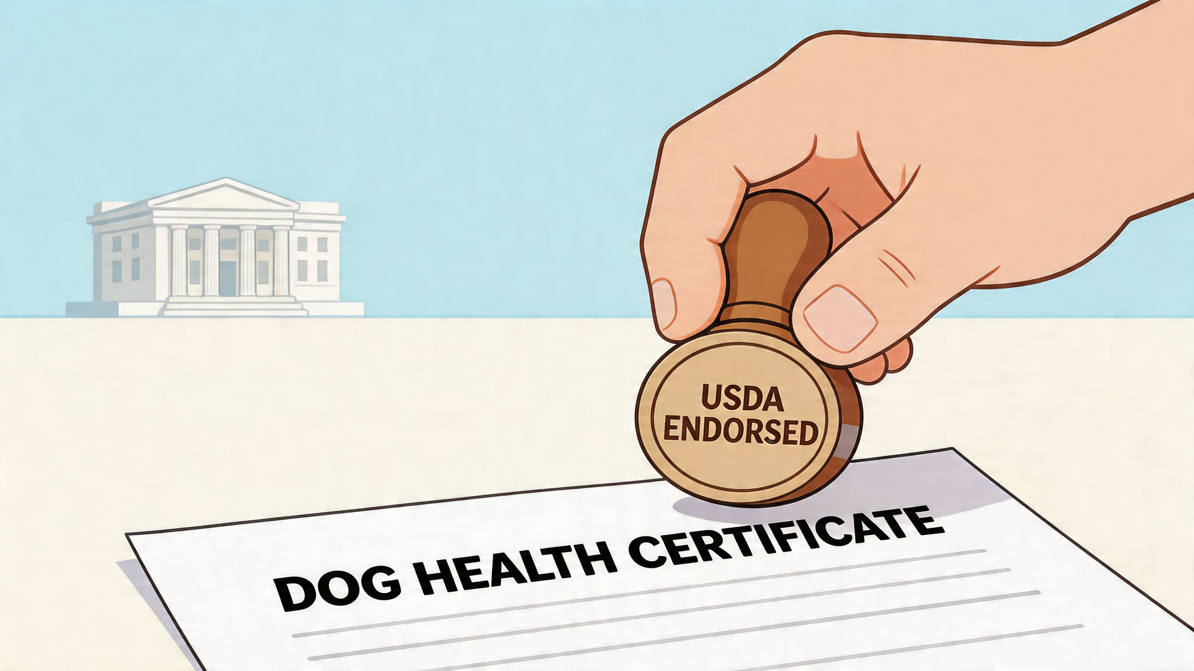 A hand stamping a Dog Health Certificate with a USDA Endorsed stamp, symbolizing official veterinary documentation.