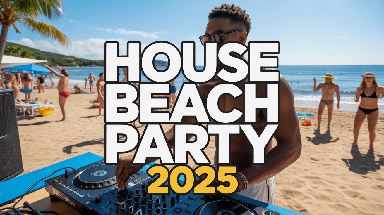 Beach DJ and dancing crowd with House Beach Party 2025 headline