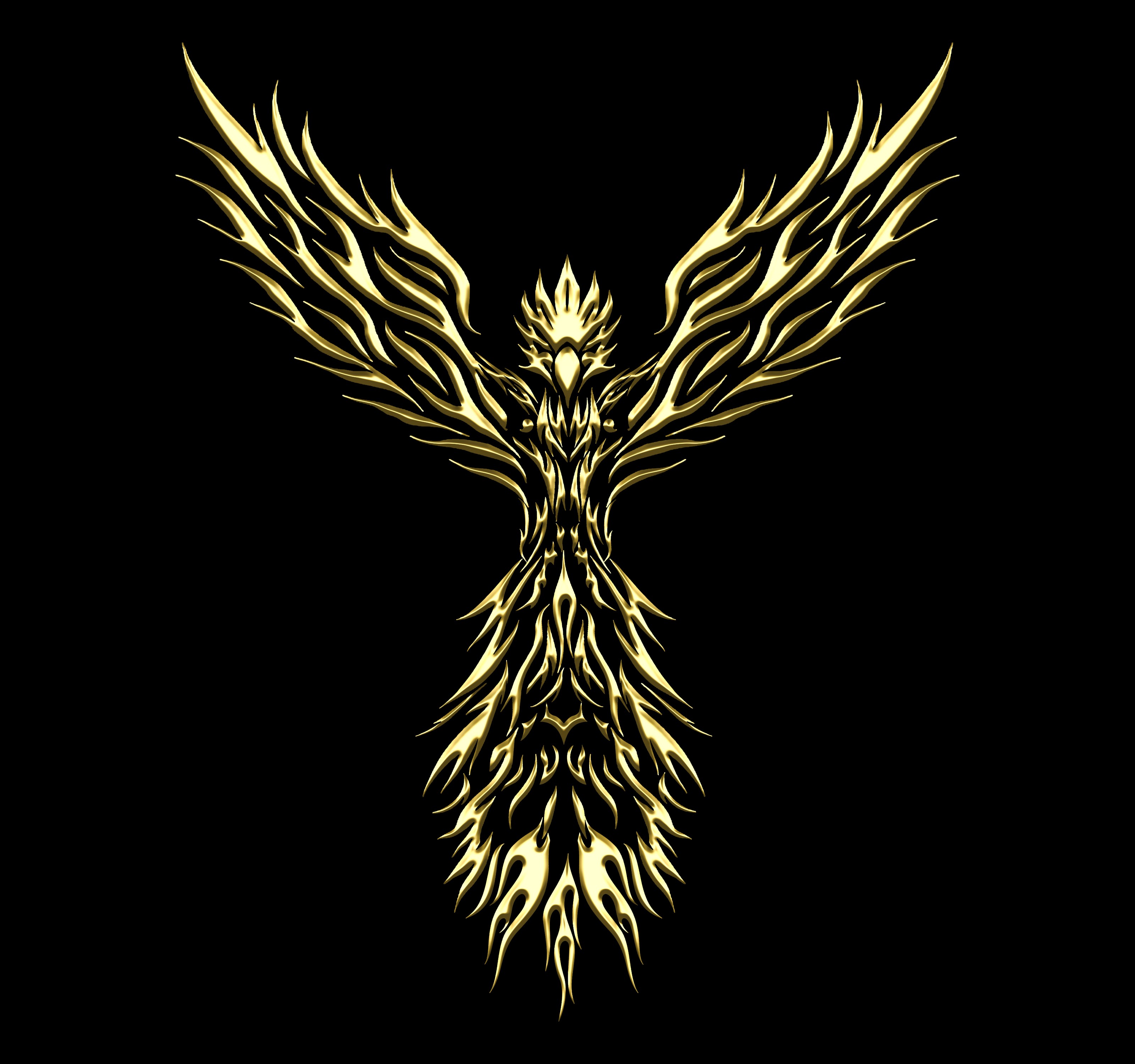 The image features a glowing, golden phoenix with intricately designed wings and tail feathers, set against a black background, symbolizing strength and rebirth.