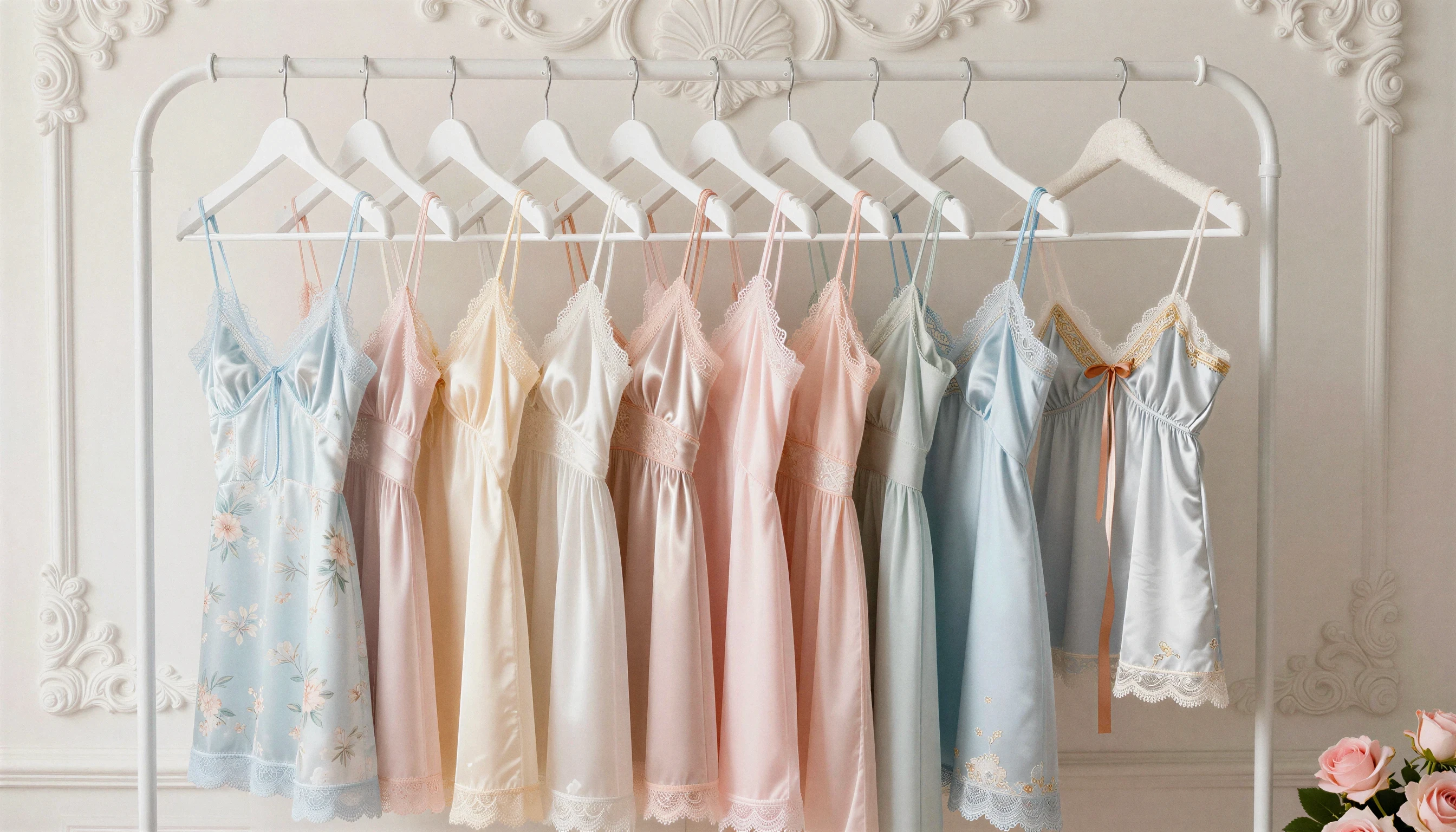 Pastel silk slips hanging on a white clothing rack.