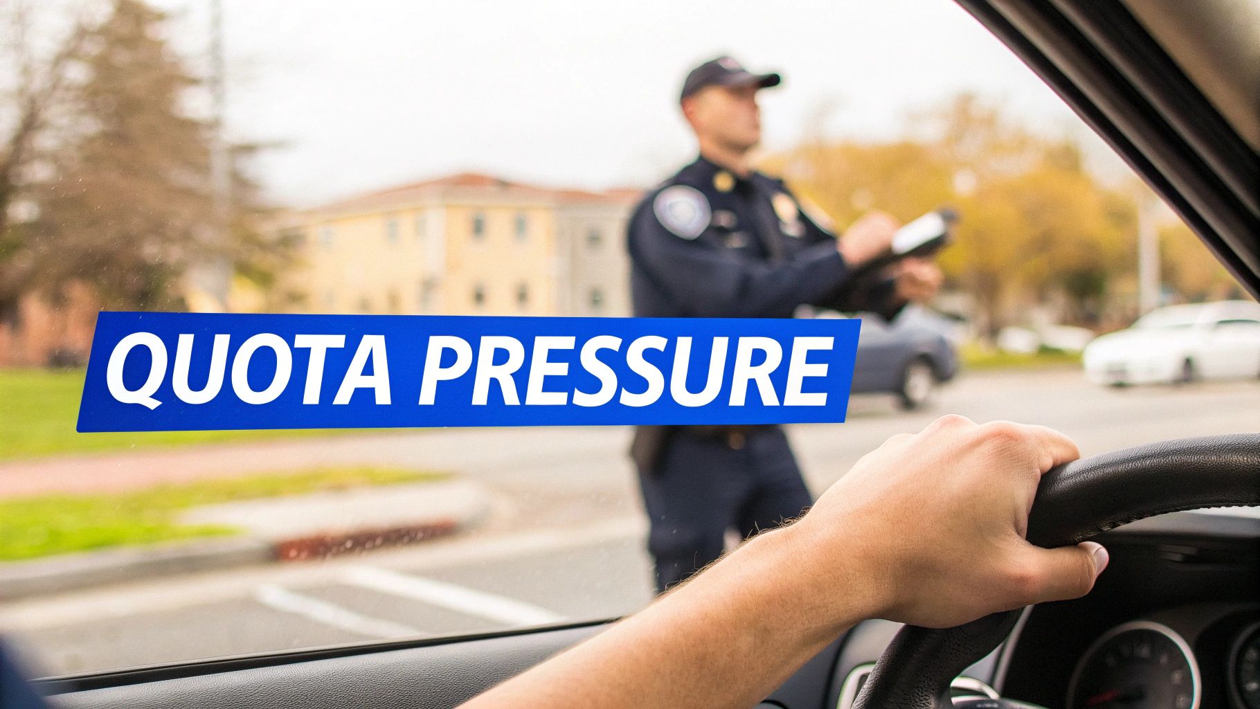 A police officer writing a ticket, viewed from a car, highlights 