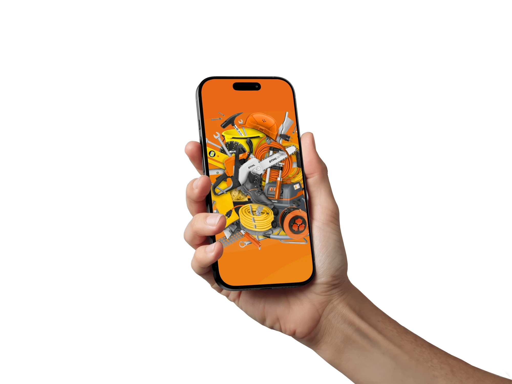 Hand hält ein Smartphone mit Graffiti-Kunst in Orange, Gelb und Weiß. Das Handy zeigt einen stylischen Hintergrund.