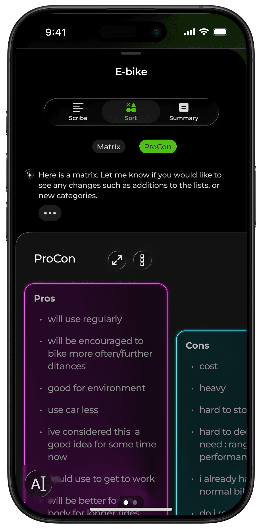 "Sort" screen. Only the last communication is shown above a list or matrix.
