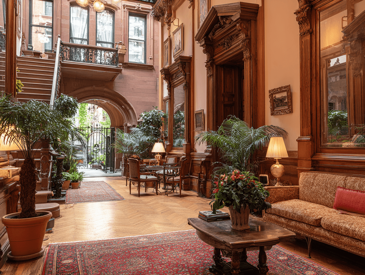 Elegant home interior with arched woodwork, indoor plants, and classic furnishings.