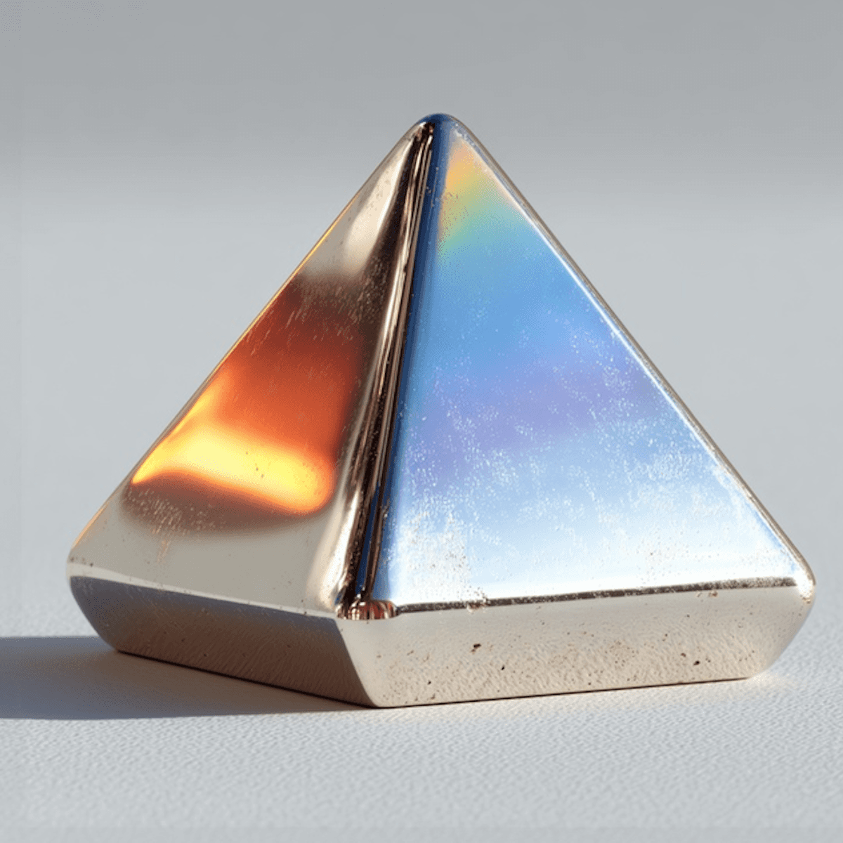 Iridescent metallic pyramid with a smooth reflective surface, showing warm orange and cool blue light reflections on a neutral background.