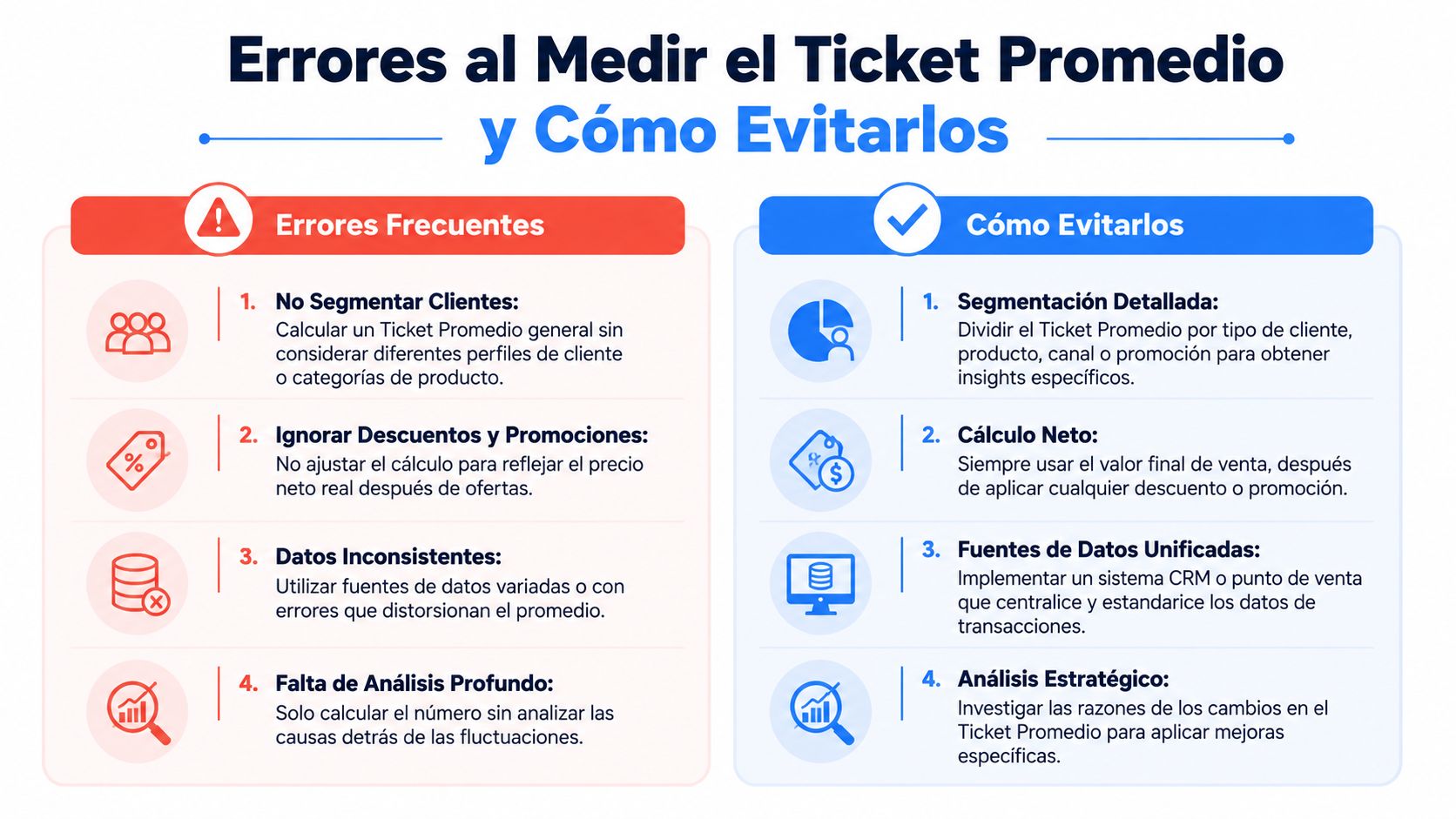 Infografía sobre los errores comunes al medir el ticket promedio y cómo evitarlos eficazmente en ventas.